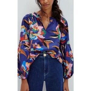 FARM RIO X Anthropologie Helena Floral Tropical Peasant V Neck TOP Blouse S Boho